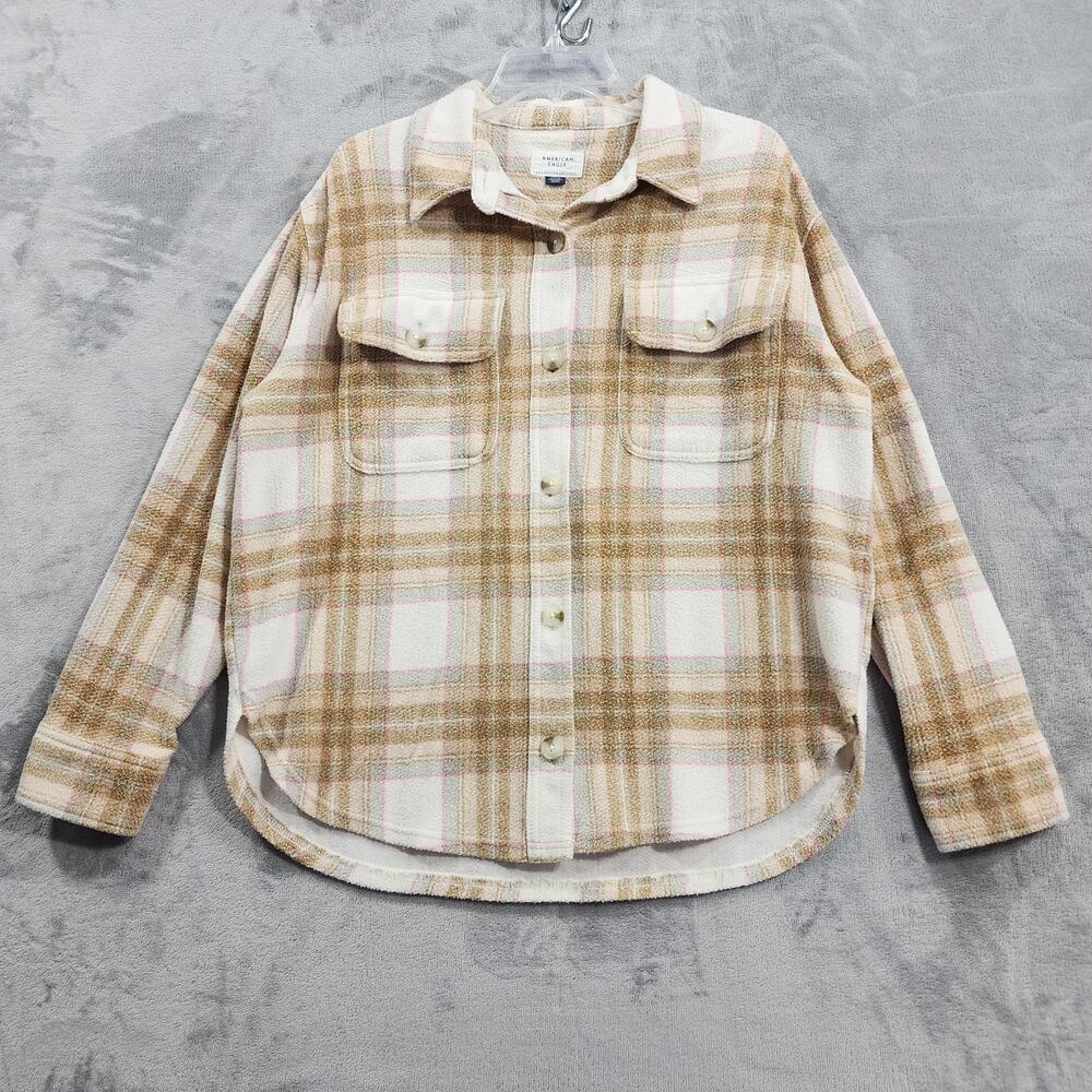 American Eagle Jacket Womens S Beige Plaid Flannel Button Front Casual Shacket